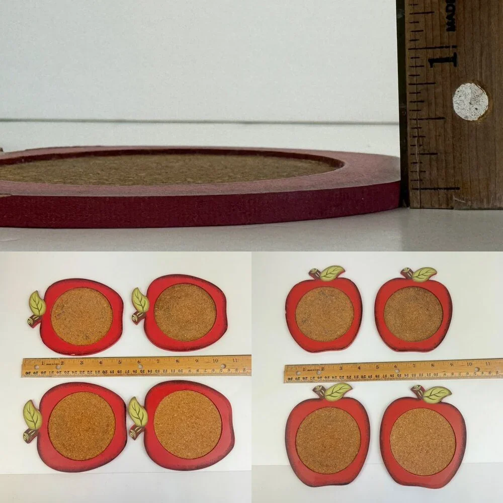 Vintage Set of 4 Red Apple Shape Coasters Wood Cork in Apple Basket Holder Theme